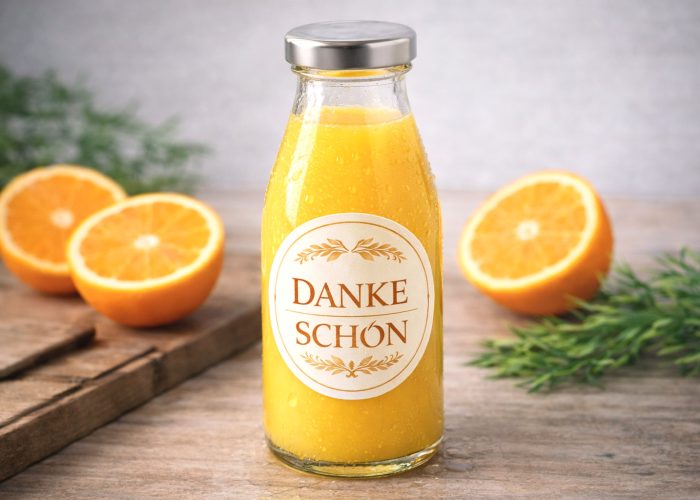 Glasflasche mit frischem Orangensaft und elegantem „Danke Schön“ Sticker auf Holztisch mit Orangen im Hintergrund