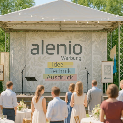 Elegantes event mit buehne bannern und alenio werbung im tageslicht rait3x711wel4qxppqii68j3zok7xdqb466xfzv5o0