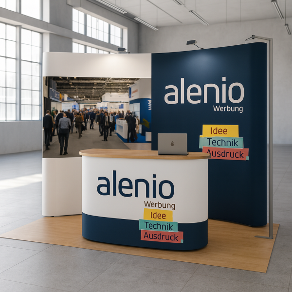 alenio-werbung-messeauftritt.jpg Moderner Messestand mit Branding von Alenio Werbung auf einem Firmenevent