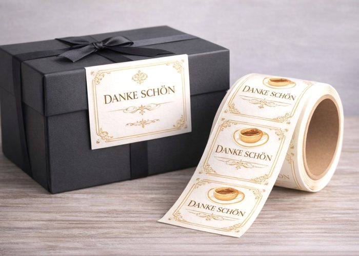 Elegante Danke-Schön Sticker auf Geschenkbox und Etikettenrolle in Gold auf cremefarbenem Hintergrund